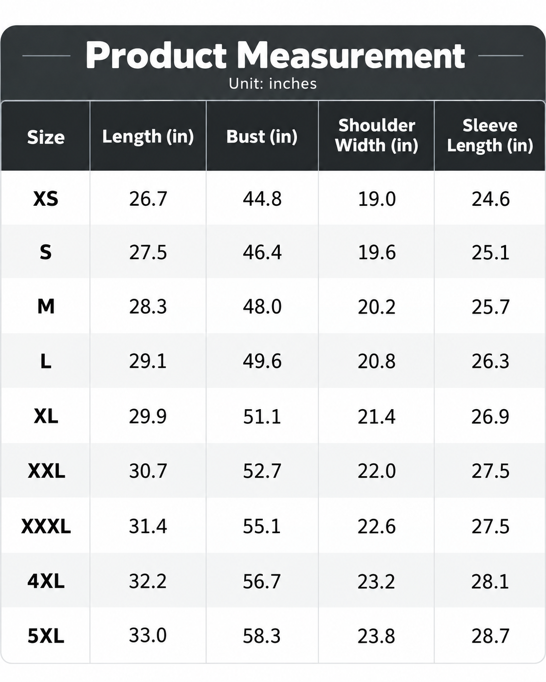Women's jacket size chart XS to 5XL