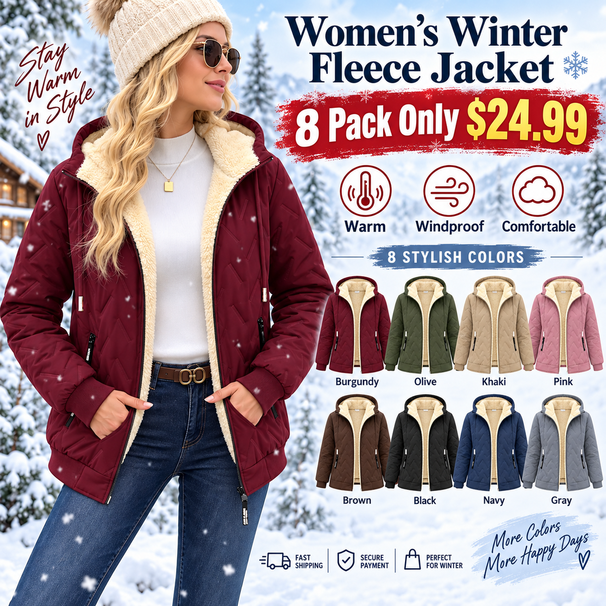 Women’s Winter Fleece-Lined Hooded Jacket – Warm Lightweight Windproof Casual Coat for Outdoor & Everyday Wear