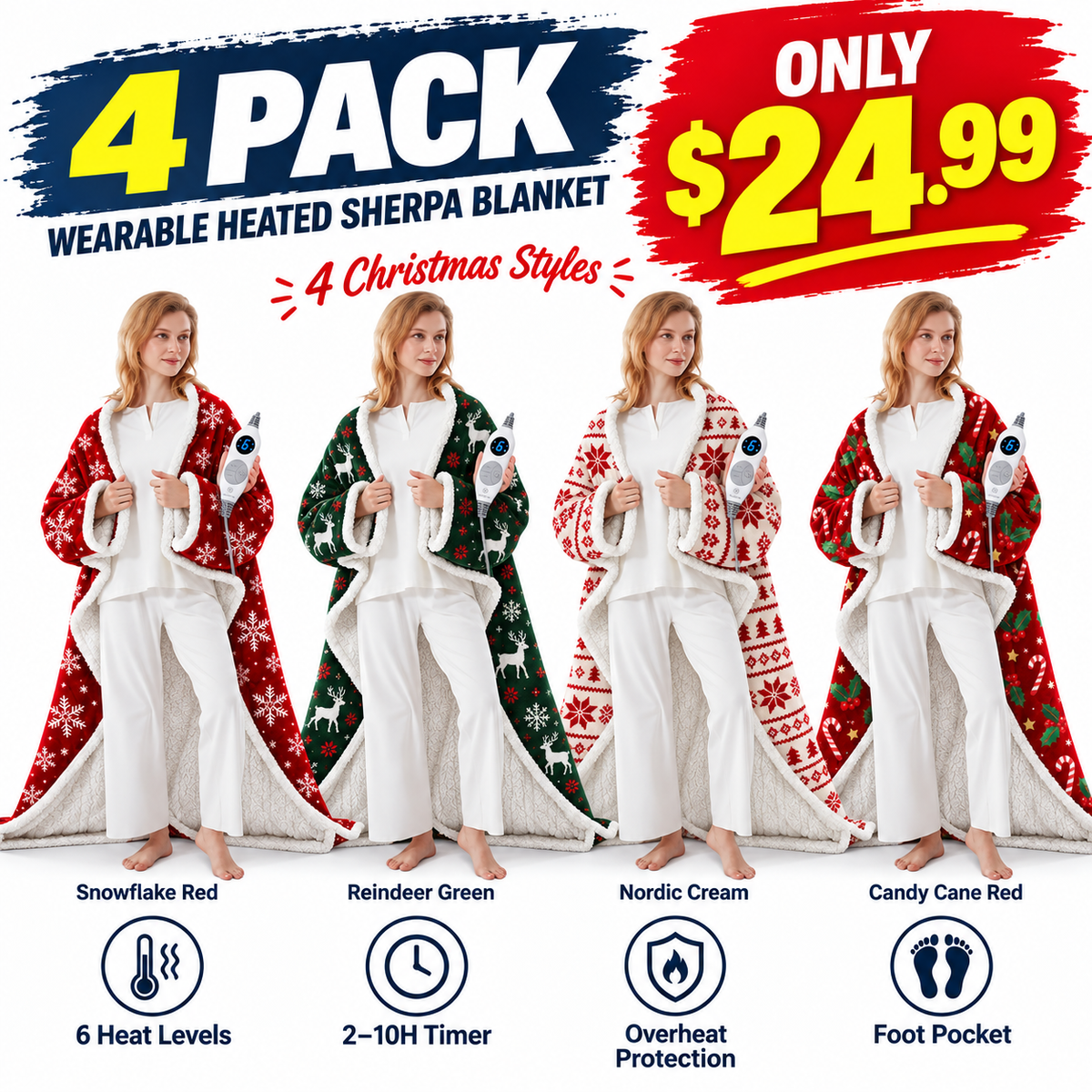 Wearable Heated Blanket with Foot Pocket Sherpa🔥Overheat Protection & Auto Shut-Off