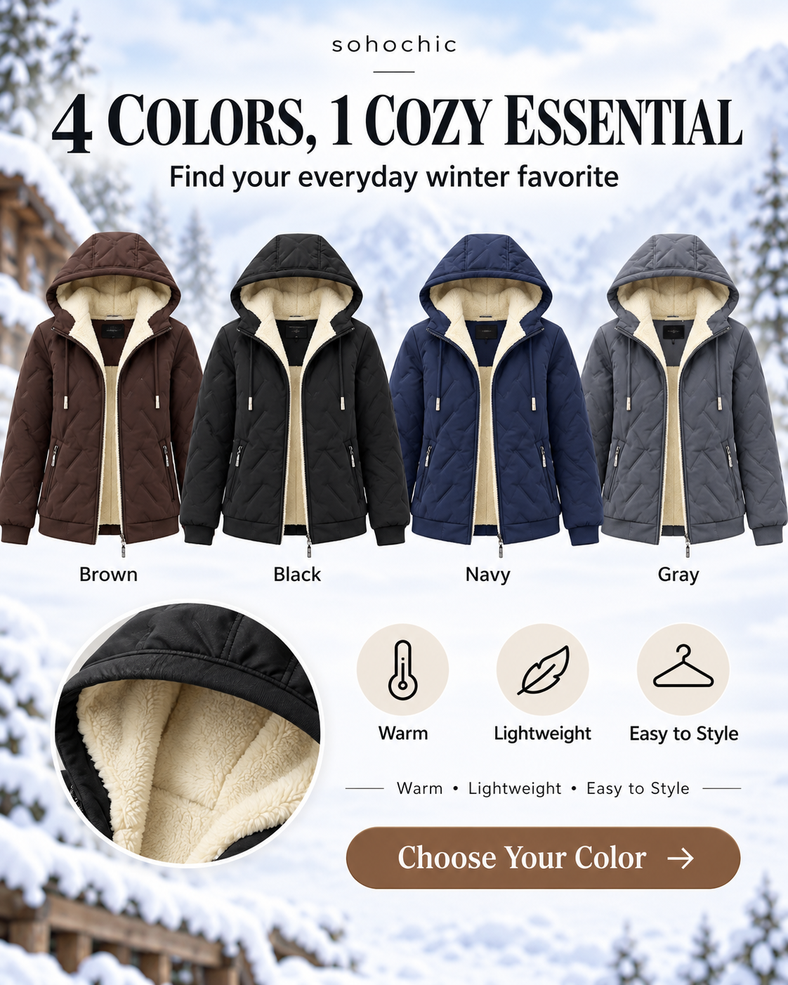 Winter fleece jacket colors brown black navy gray