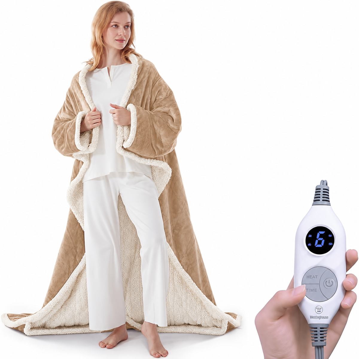 Wearable Heated Blanket with Foot Pocket Sherpa🔥Overheat Protection & Auto Shut-Off