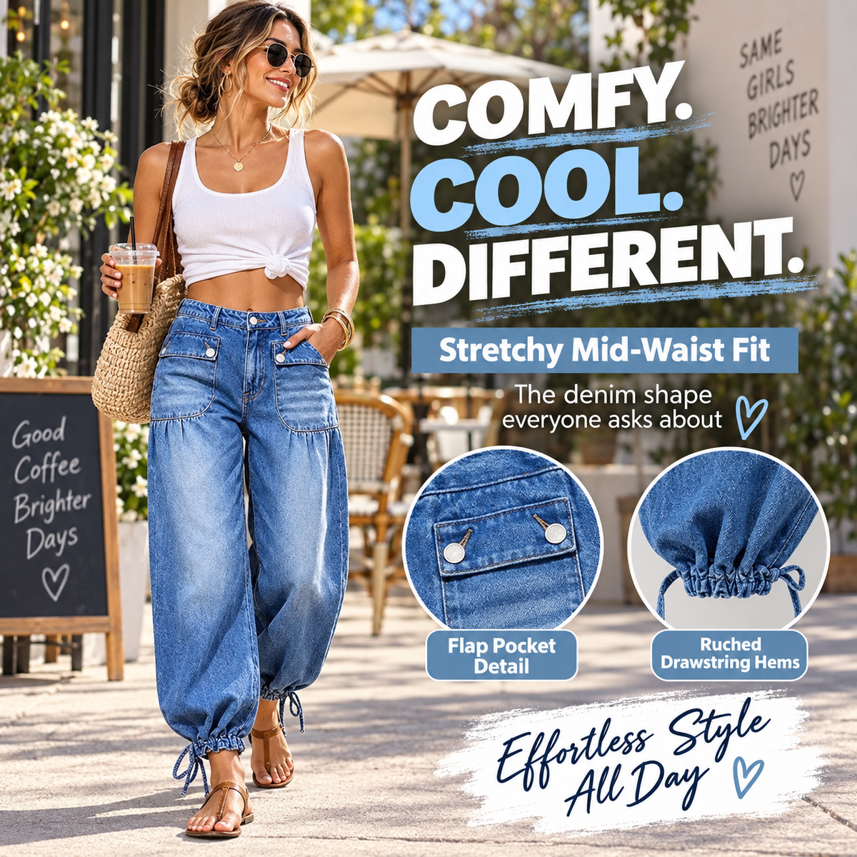 Comfortable women's balloon jeans lifestyle look with utility pockets and ruched hems