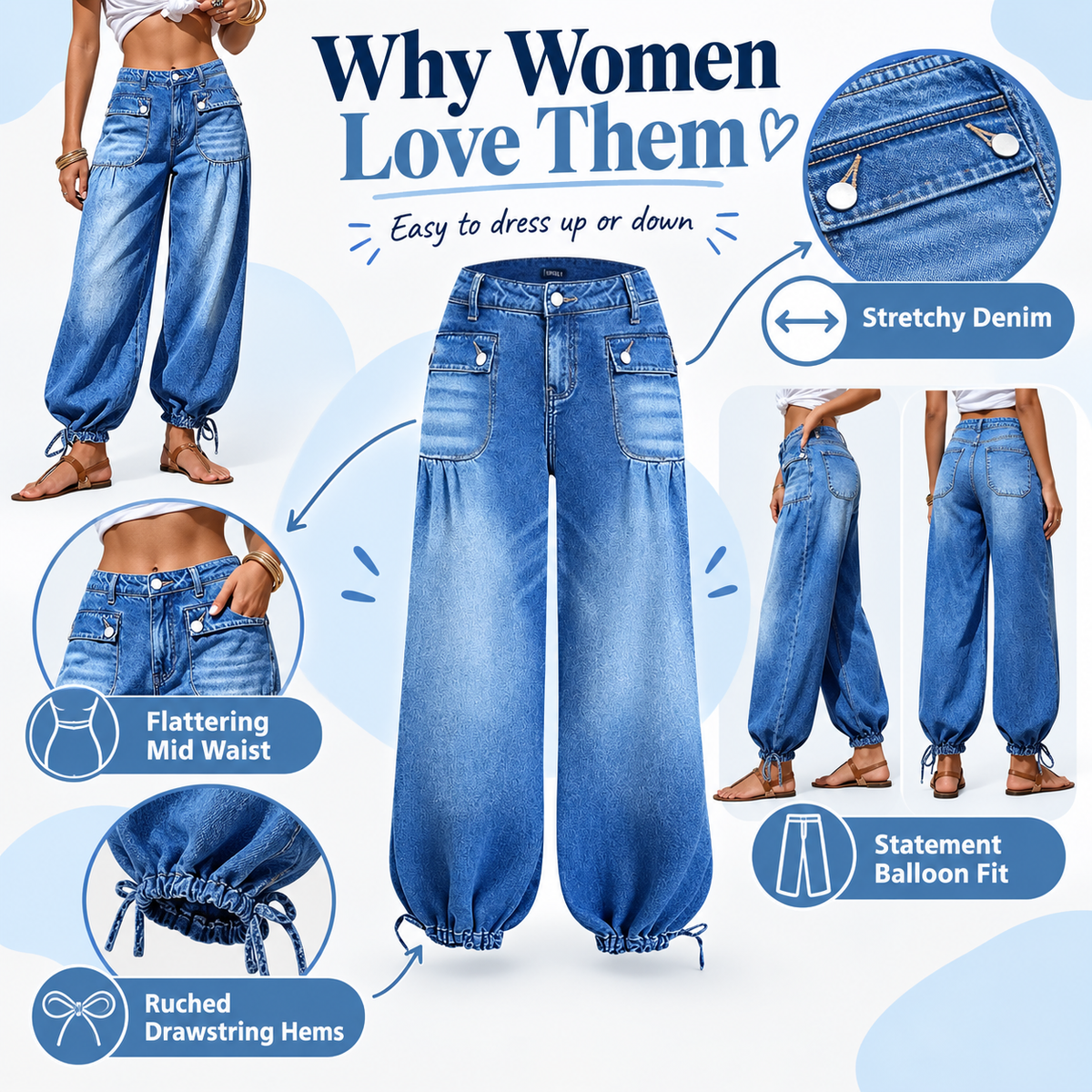 Women's stretchy mid waist balloon jeans feature overview
