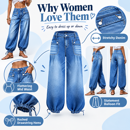 Women’s Relaxed Balloon Jeans – Stretchy Denim, Utility Pockets & Adjustable Drawstring Hems
