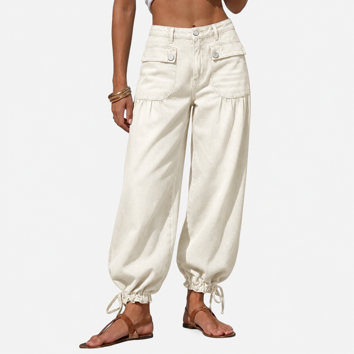 Women’s Relaxed Balloon Jeans – Stretchy Denim, Utility Pockets & Adjustable Drawstring Hems