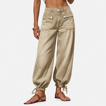 Women’s Relaxed Balloon Jeans – Stretchy Denim, Utility Pockets & Adjustable Drawstring Hems