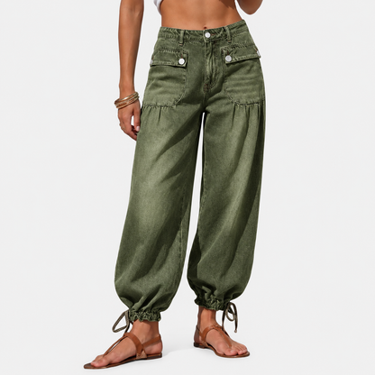 Women’s Relaxed Balloon Jeans – Stretchy Denim, Utility Pockets & Adjustable Drawstring Hems