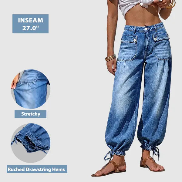 Women’s Relaxed Balloon Jeans – Stretchy Denim, Utility Pockets & Adjustable Drawstring Hems