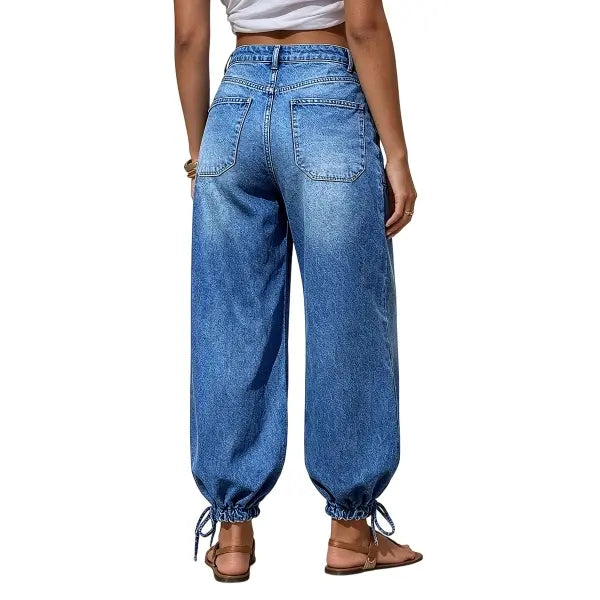 Women’s Relaxed Balloon Jeans – Stretchy Denim, Utility Pockets & Adjustable Drawstring Hems