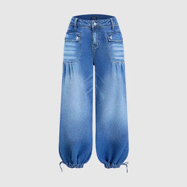 Women’s Relaxed Balloon Jeans – Stretchy Denim, Utility Pockets & Adjustable Drawstring Hems