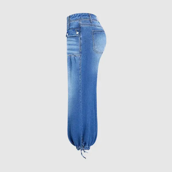 Women’s Relaxed Balloon Jeans – Stretchy Denim, Utility Pockets & Adjustable Drawstring Hems