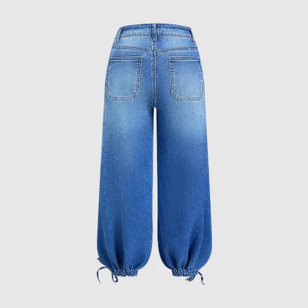 Women’s Relaxed Balloon Jeans – Stretchy Denim, Utility Pockets & Adjustable Drawstring Hems