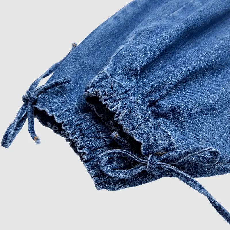 Women’s Relaxed Balloon Jeans – Stretchy Denim, Utility Pockets & Adjustable Drawstring Hems