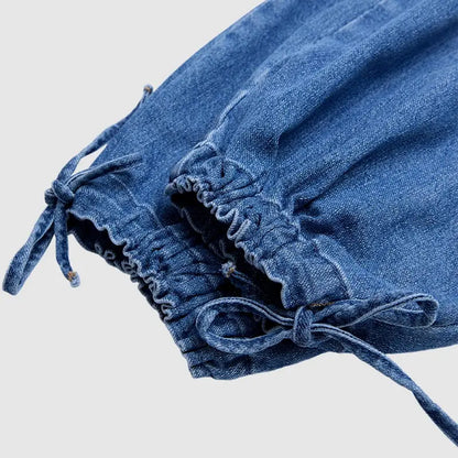 Women’s Relaxed Balloon Jeans – Stretchy Denim, Utility Pockets & Adjustable Drawstring Hems