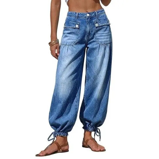 Women’s Relaxed Balloon Jeans – Stretchy Denim, Utility Pockets & Adjustable Drawstring Hems