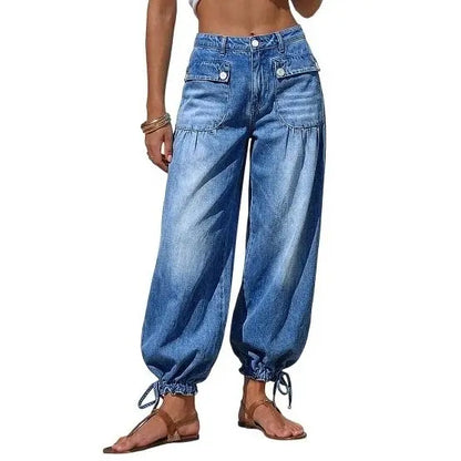 Women’s Relaxed Balloon Jeans – Stretchy Denim, Utility Pockets & Adjustable Drawstring Hems