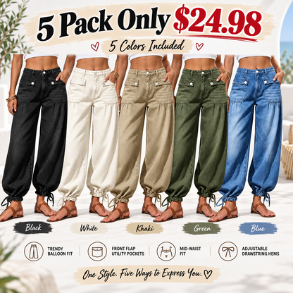 Women’s Relaxed Balloon Jeans – Stretchy Denim, Utility Pockets & Adjustable Drawstring Hems