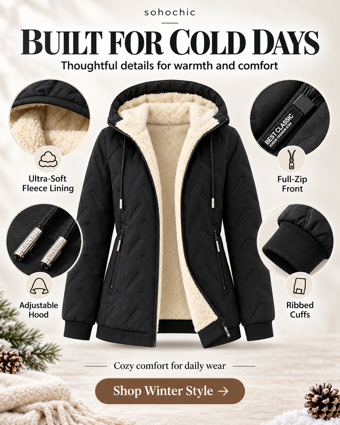 Women's fleece lined jacket details